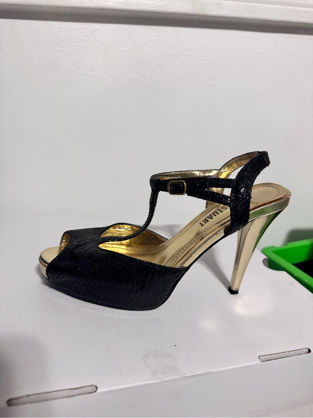 Colin Stuart Black and Gold T-Strap High Heel Sandal